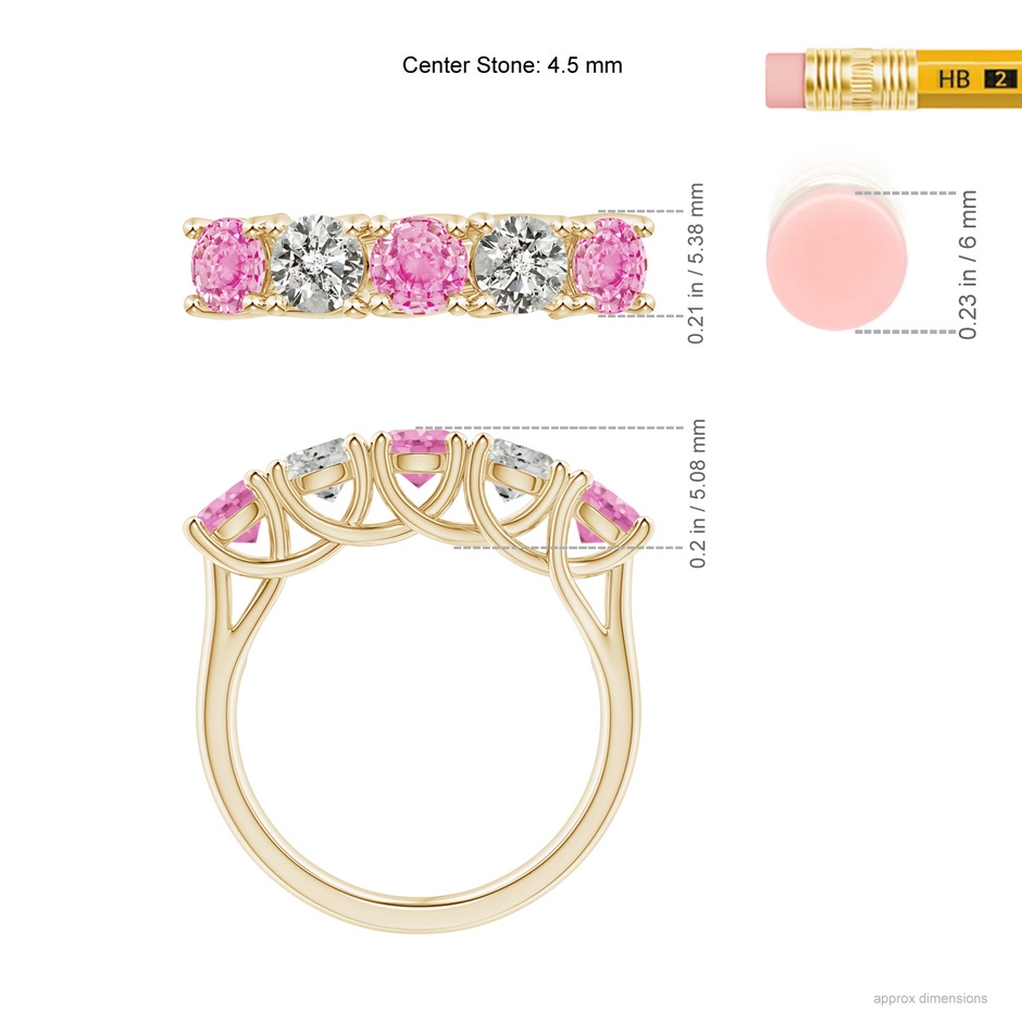 4.5mm A Half Eternity 5 Stone Pink Sapphire & Diamond Wedding Ring in Yellow Gold ruler