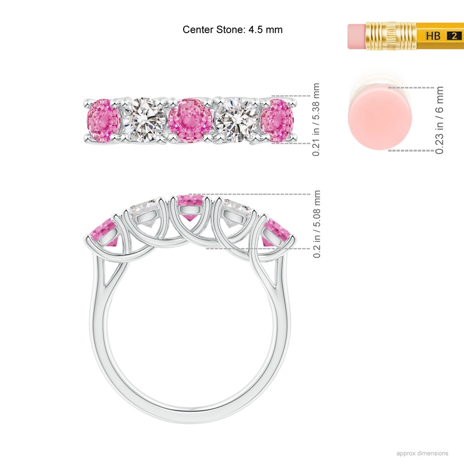 4.5mm AA Half Eternity 5 Stone Pink Sapphire & Diamond Wedding Ring in White Gold ruler