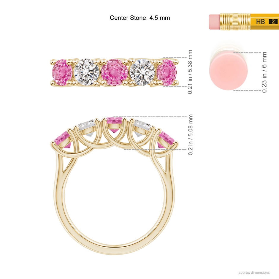 4.5mm AA Half Eternity 5 Stone Pink Sapphire & Diamond Wedding Ring in Yellow Gold ruler