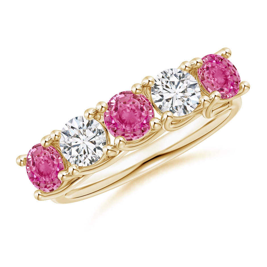 4.5mm AAA Half Eternity 5 Stone Pink Sapphire & Diamond Wedding Ring in Yellow Gold 