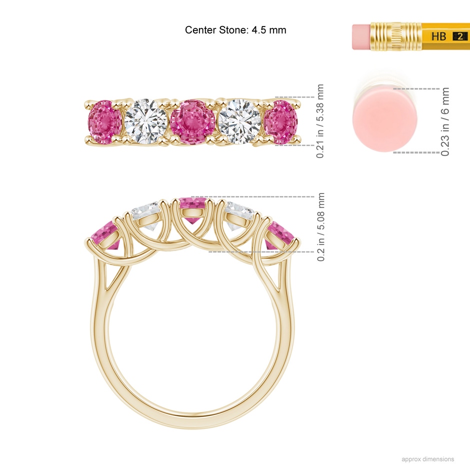4.5mm AAA Half Eternity 5 Stone Pink Sapphire & Diamond Wedding Ring in Yellow Gold ruler