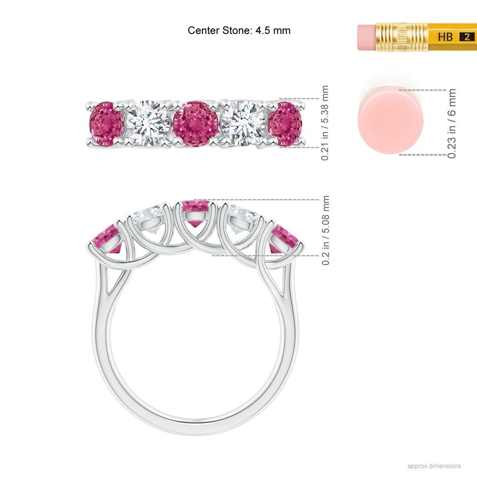 4.5mm AAAA Half Eternity 5 Stone Pink Sapphire & Diamond Wedding Ring in P950 Platinum ruler