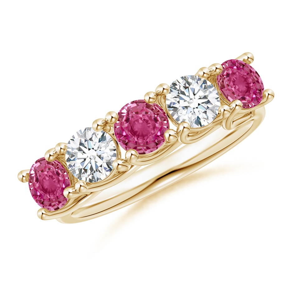 4.5mm AAAA Half Eternity 5 Stone Pink Sapphire & Diamond Wedding Ring in Yellow Gold 