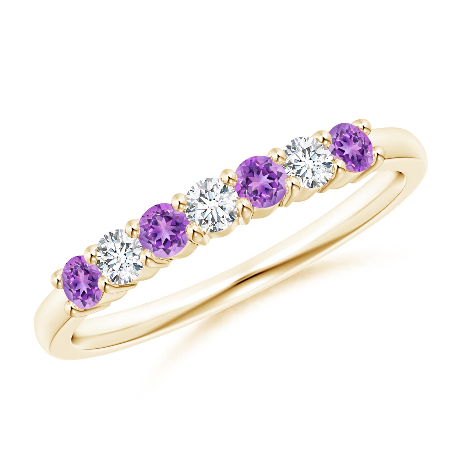 2.5mm AAAA Half Eternity Seven Stone Amethyst and Diamond Wedding Ring in 18K Yellow Gold