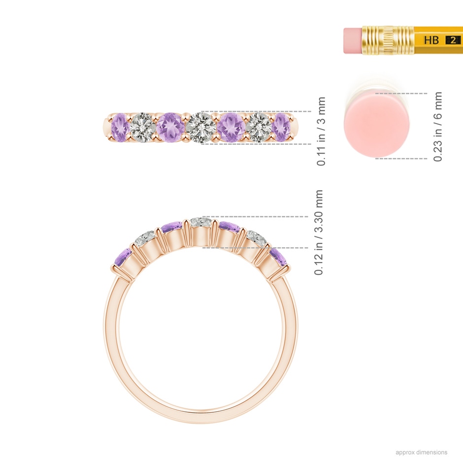 3mm A Half Eternity Seven Stone Amethyst and Diamond Wedding Ring in 18K Rose Gold ruler