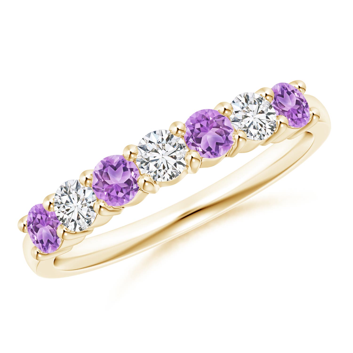 3mm AAA Half Eternity Seven Stone Amethyst and Diamond Wedding Ring in 18K Yellow Gold