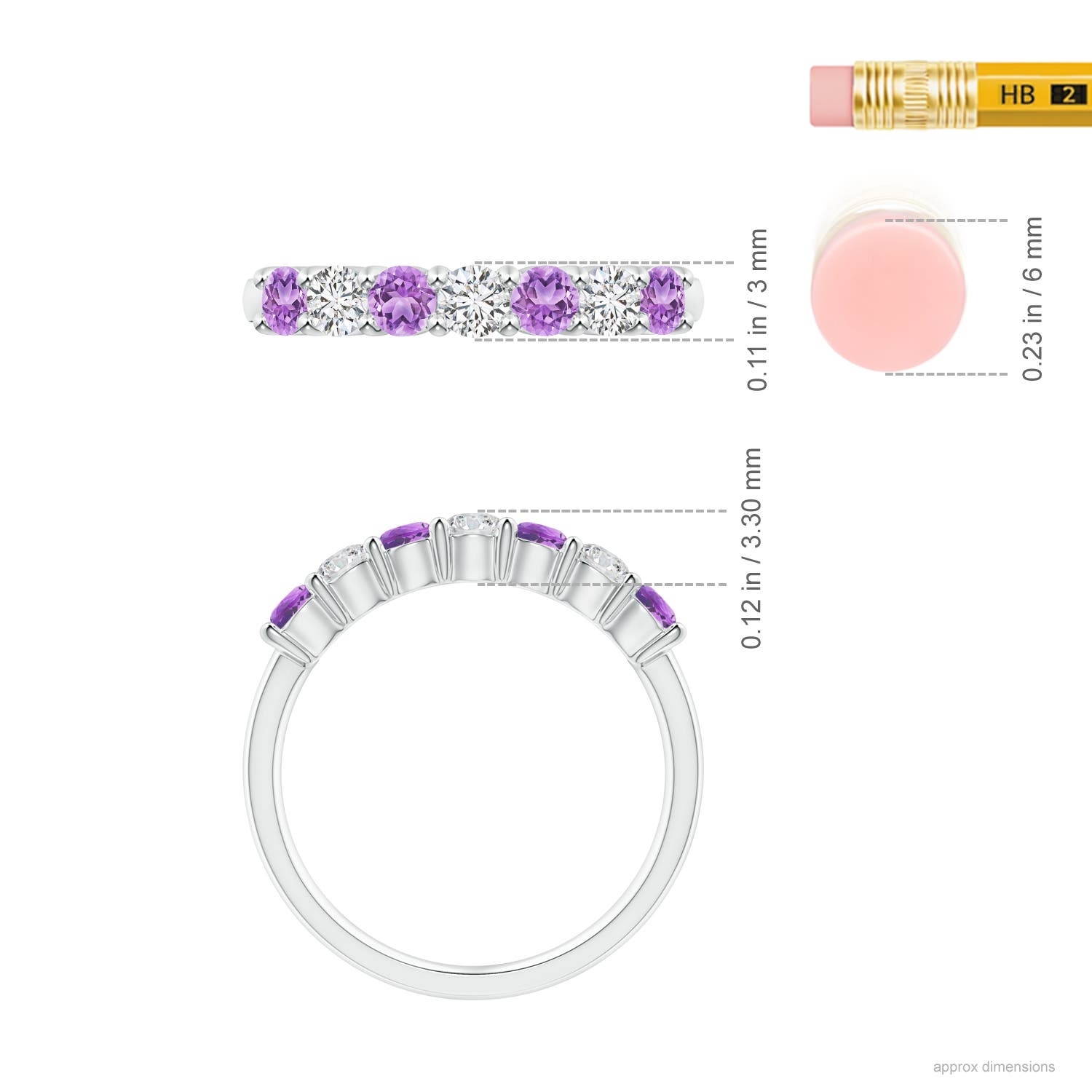 3mm AAA Half Eternity Seven Stone Amethyst and Diamond Wedding Ring in White Gold - ruler
