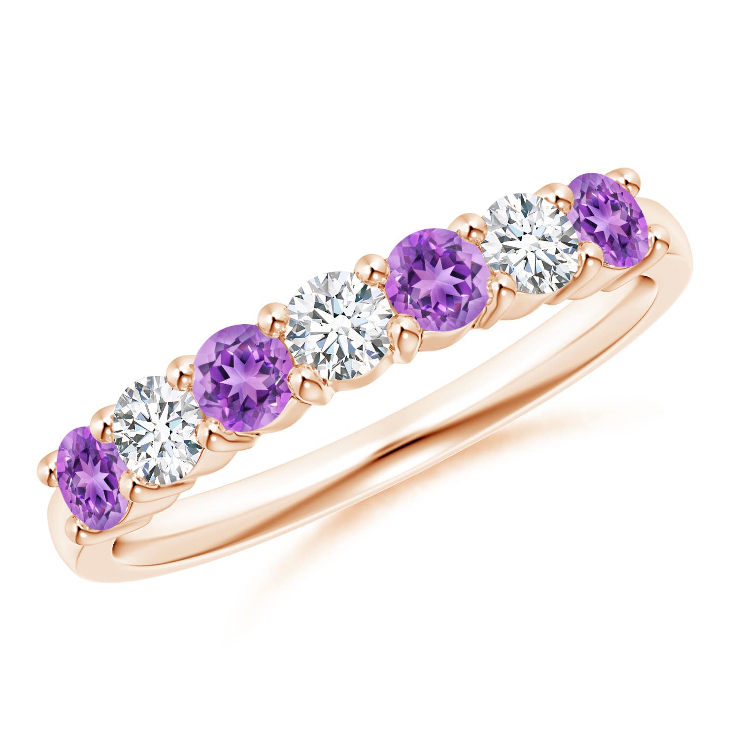 3mm AAAA Half Eternity Seven Stone Amethyst and Diamond Wedding Ring in Rose Gold