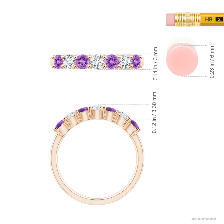 3mm AAAA Half Eternity Seven Stone Amethyst and Diamond Wedding Ring in Rose Gold ruler