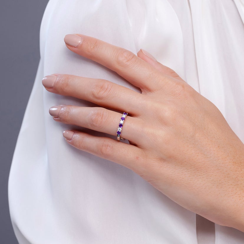 Half Eternity Seven Stone Amethyst and Diamond Wedding Ring