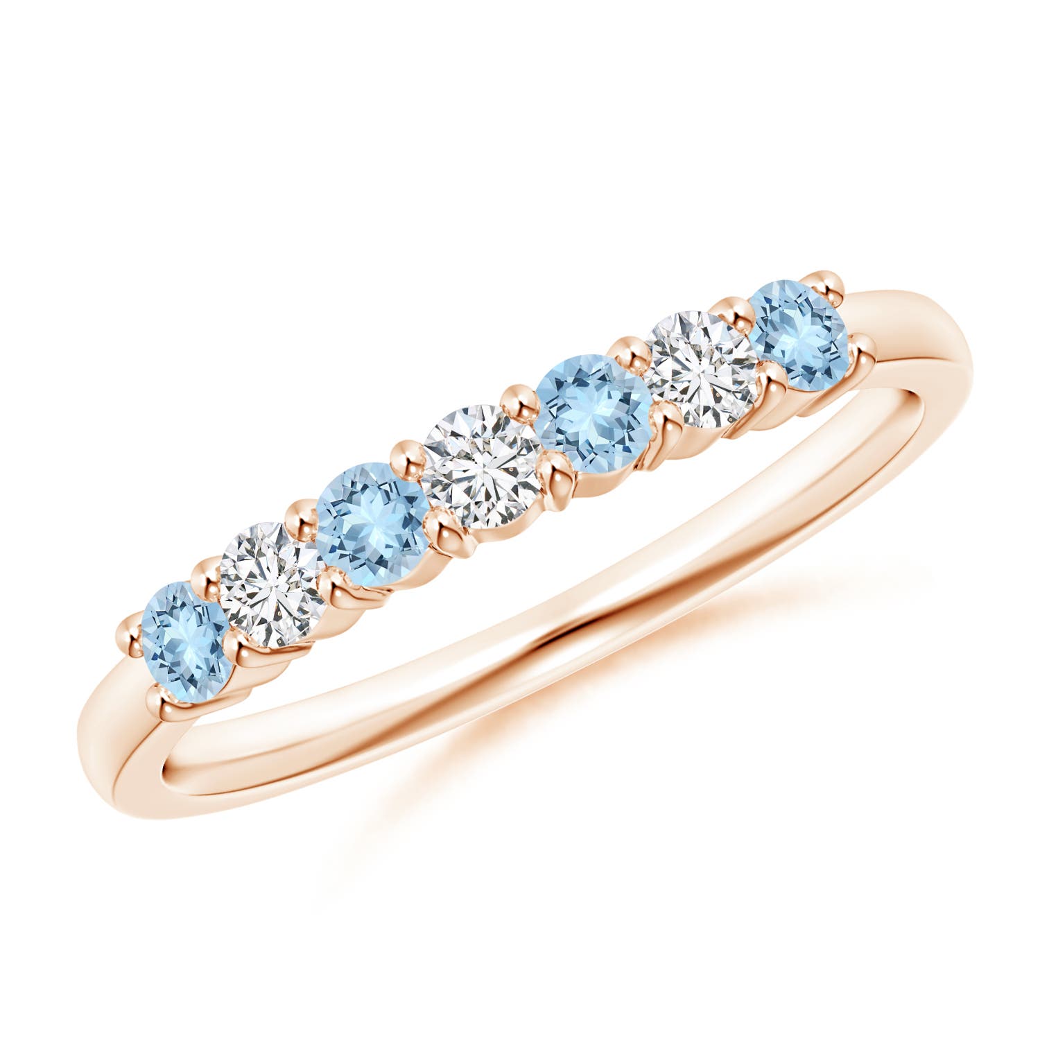 2.5mm AAA Half Eternity Seven Stone Aquamarine and Diamond Wedding Ring in Rose Gold
