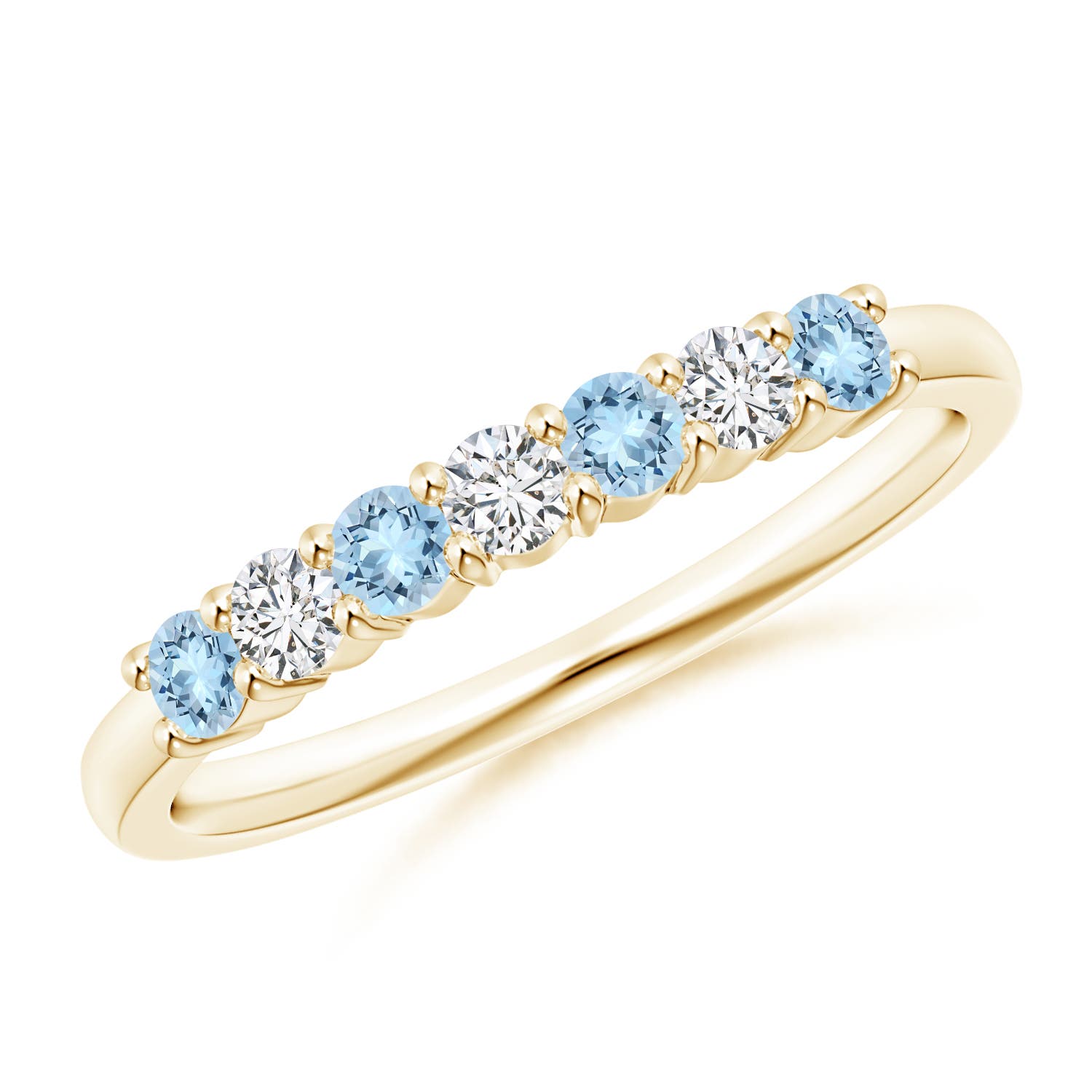 2.5mm AAA Half Eternity Seven Stone Aquamarine and Diamond Wedding Ring in Yellow Gold