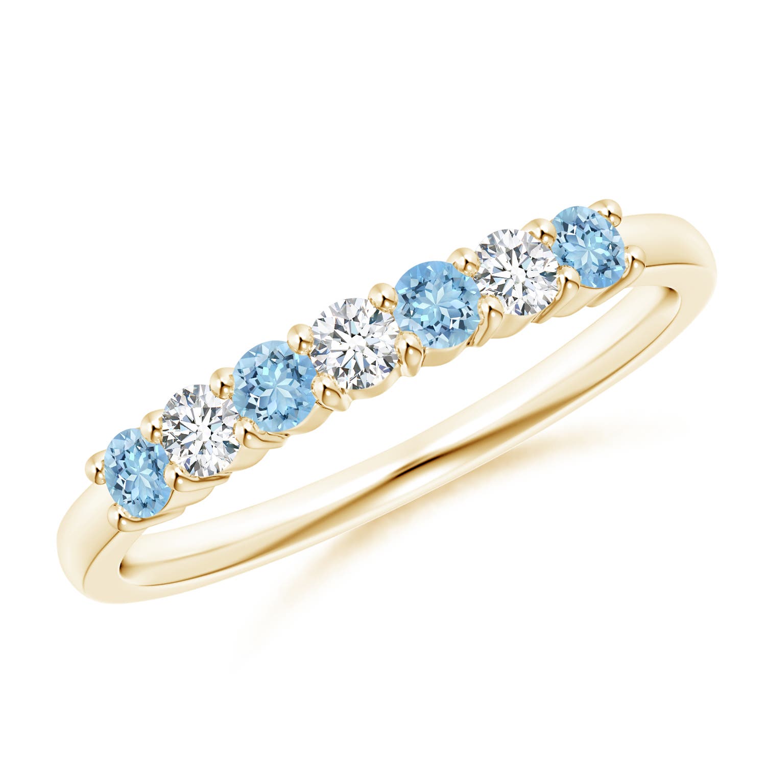 2.5mm AAAA Half Eternity Seven Stone Aquamarine and Diamond Wedding Ring in Yellow Gold