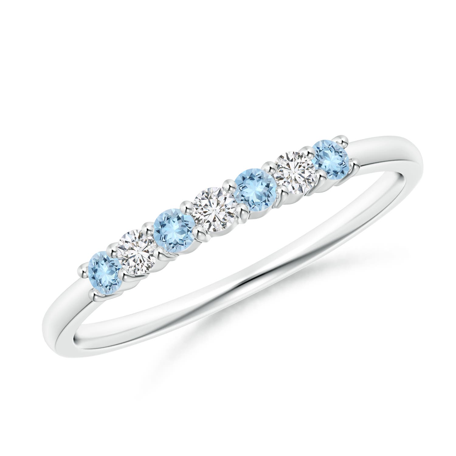 Angara 2 MM Half Eternity Seven Stone Aquamarine and Diamond Wedding Ring in Silver