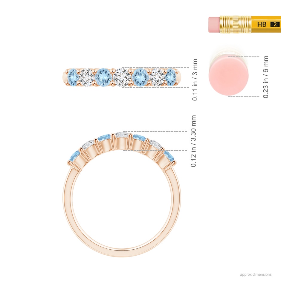 3mm AAA Half Eternity Seven Stone Aquamarine and Diamond Wedding Ring in Rose Gold ruler