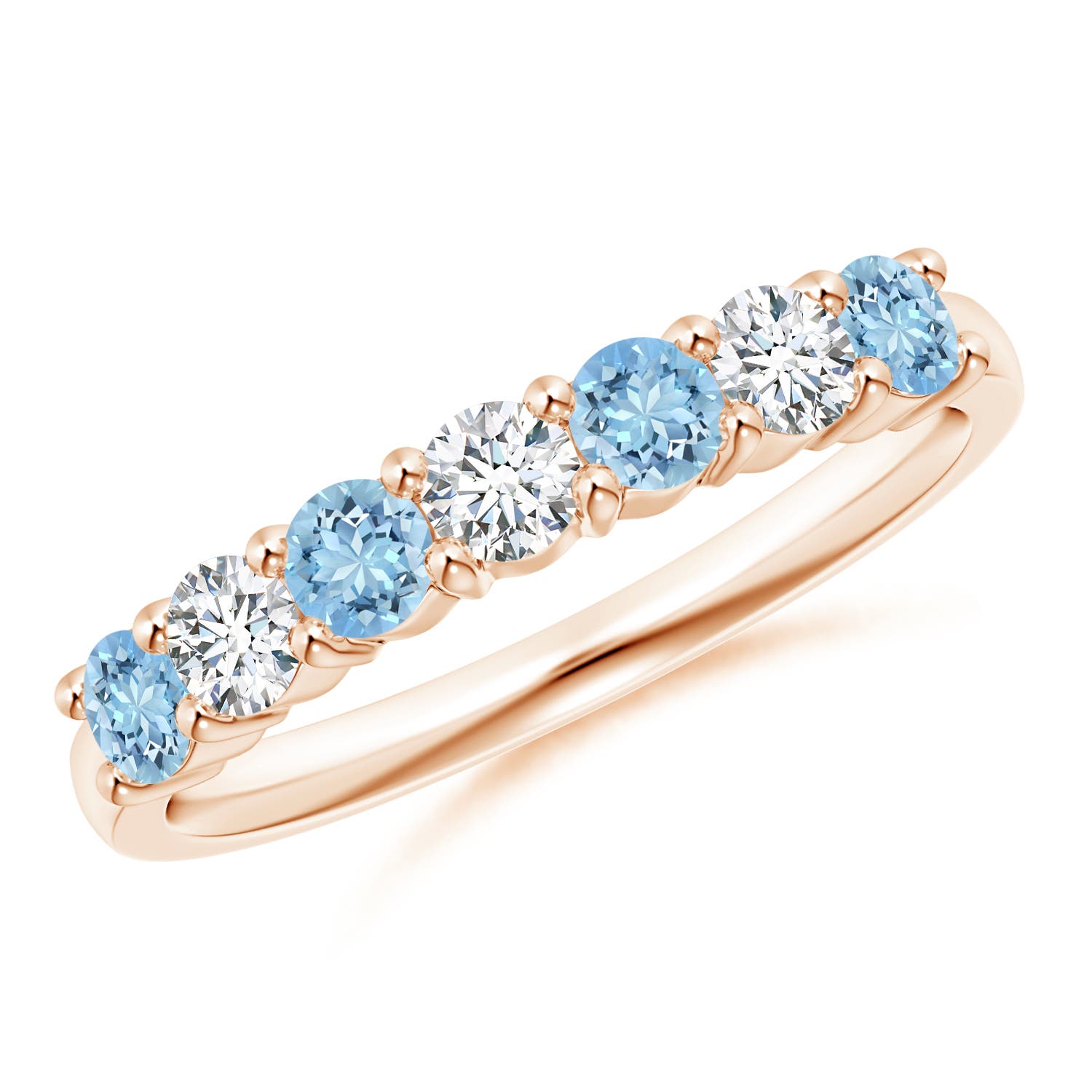 3mm AAAA Half Eternity Seven Stone Aquamarine and Diamond Wedding Ring in 18CT Rose Gold