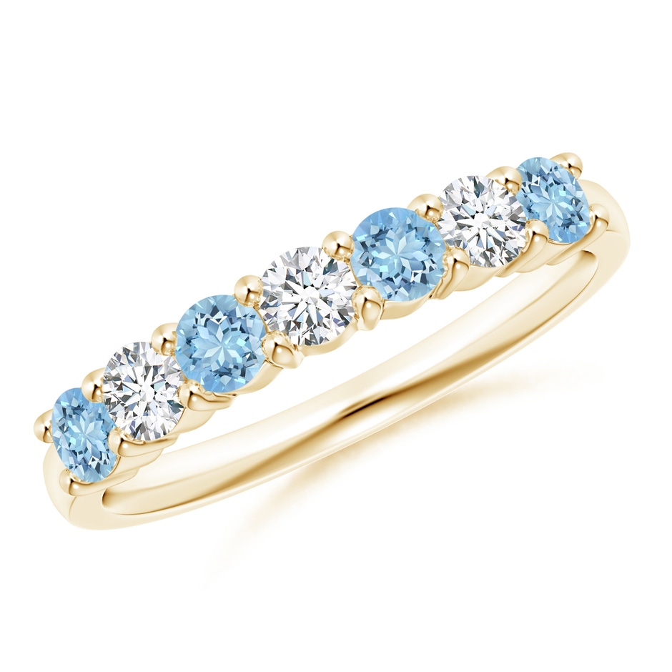 3mm AAAA Half Eternity Seven Stone Aquamarine and Diamond Wedding Ring in Yellow Gold 