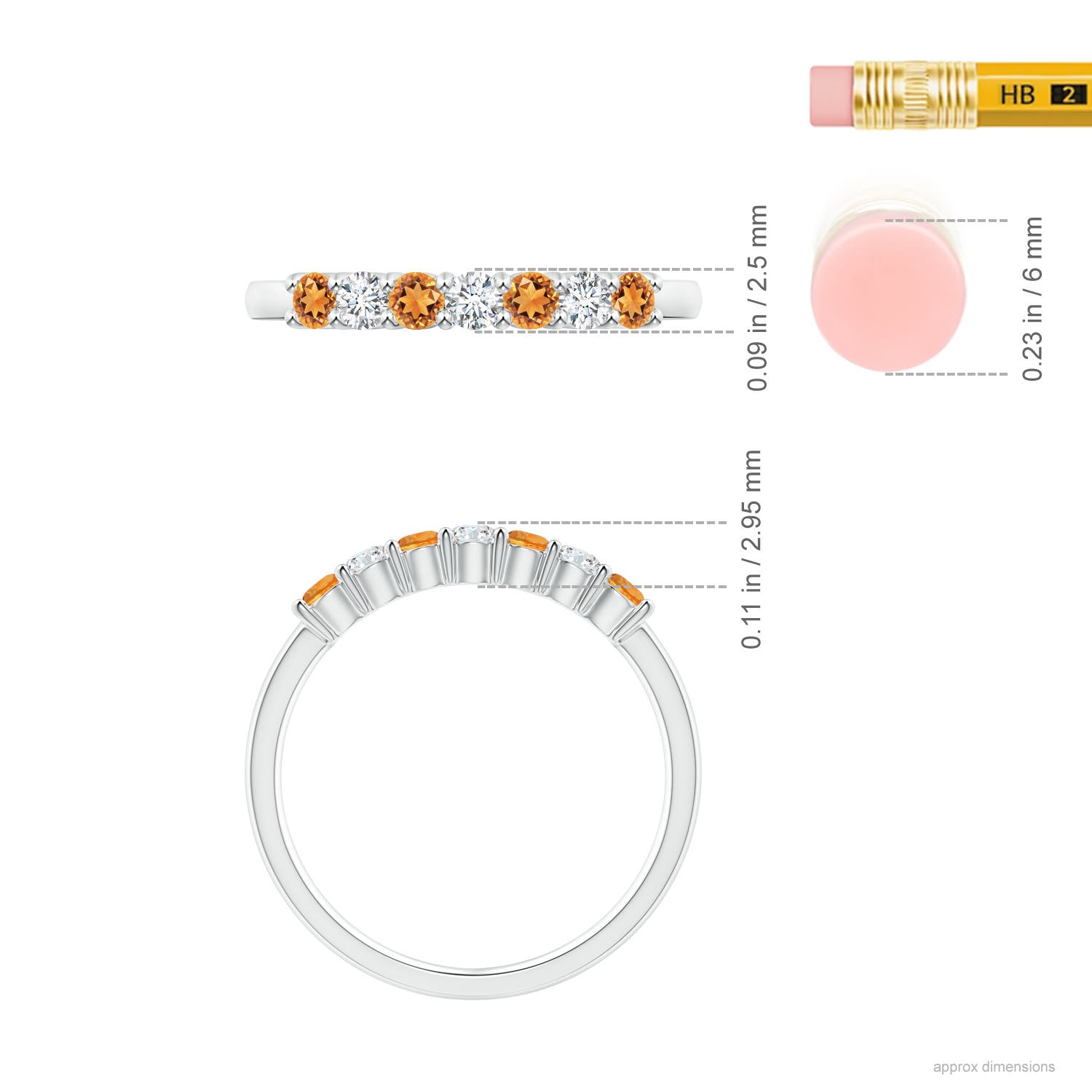 2.5mm AAAA Half Eternity Seven Stone Citrine and Diamond Wedding Ring in White Gold - ruler