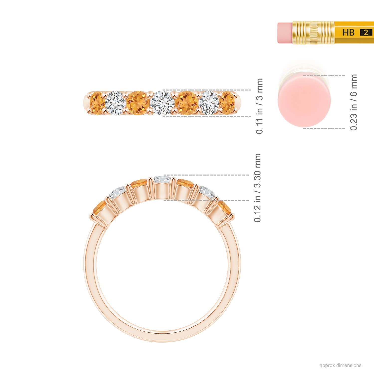 3mm AAA Half Eternity Seven Stone Citrine and Diamond Wedding Ring in Rose Gold - ruler
