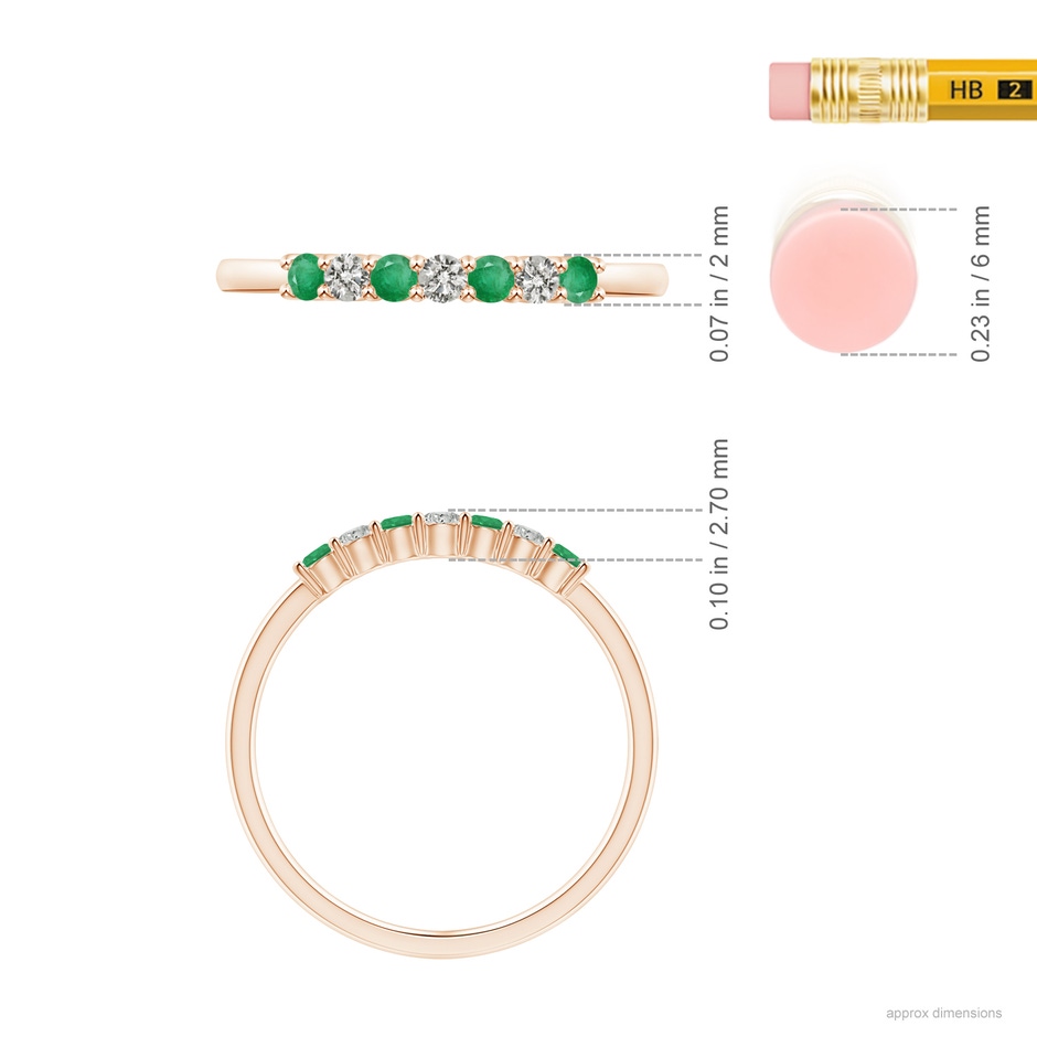 2mm A Half Eternity Seven Stone Emerald and Diamond Wedding Ring in Rose Gold ruler