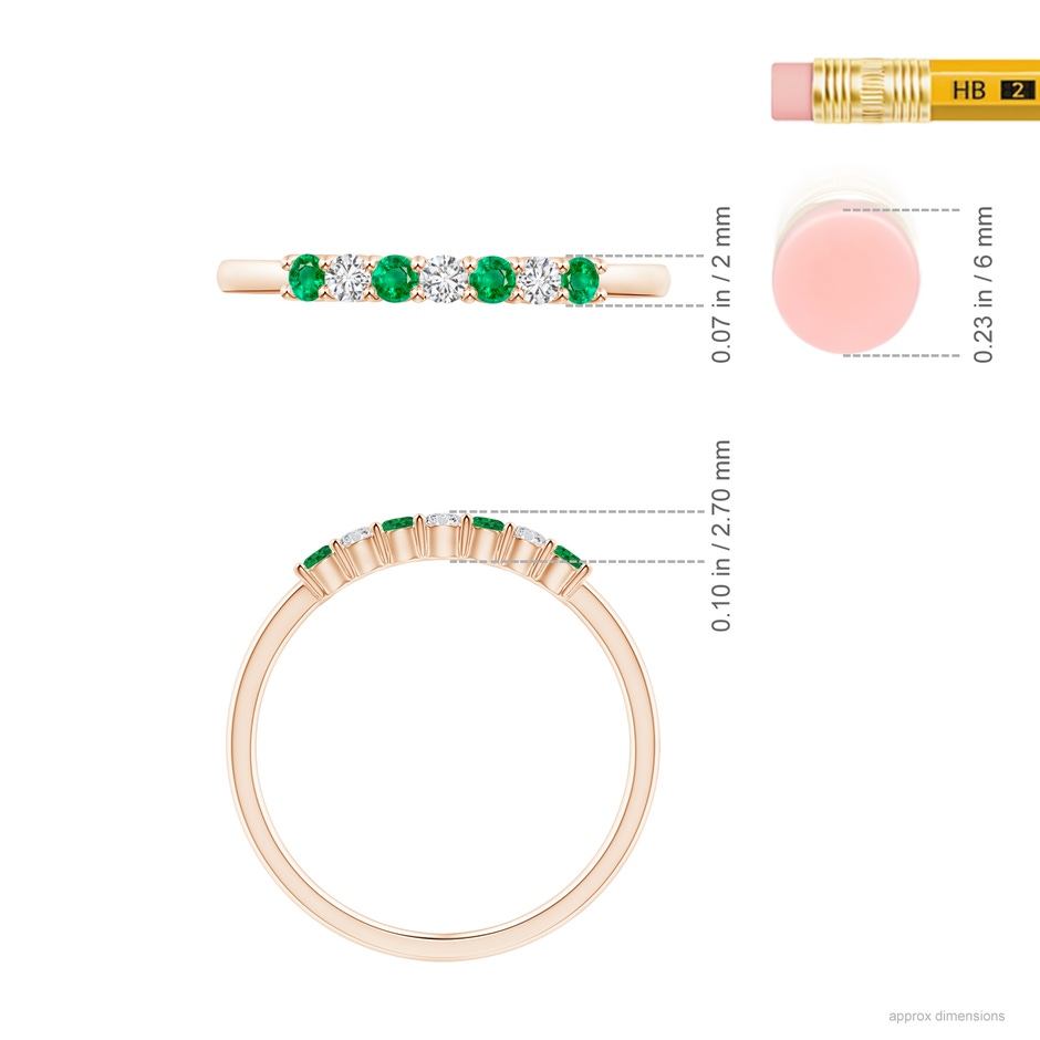 2mm AAA Half Eternity Seven Stone Emerald and Diamond Wedding Ring in Rose Gold ruler
