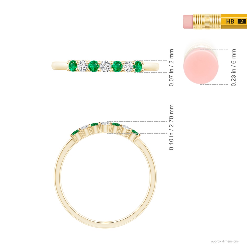 2mm AAA Half Eternity Seven Stone Emerald and Diamond Wedding Ring in Yellow Gold ruler