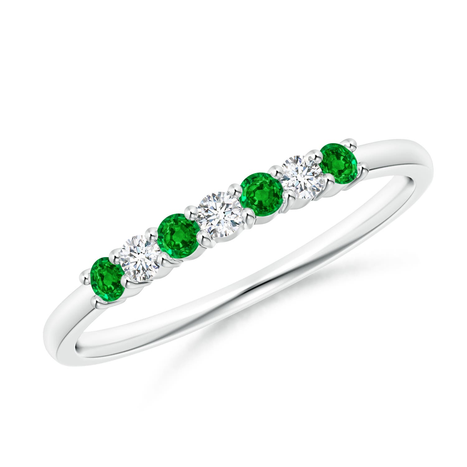 2mm AAAA Half Eternity Seven Stone Emerald and Diamond Wedding Ring in 18K White Gold