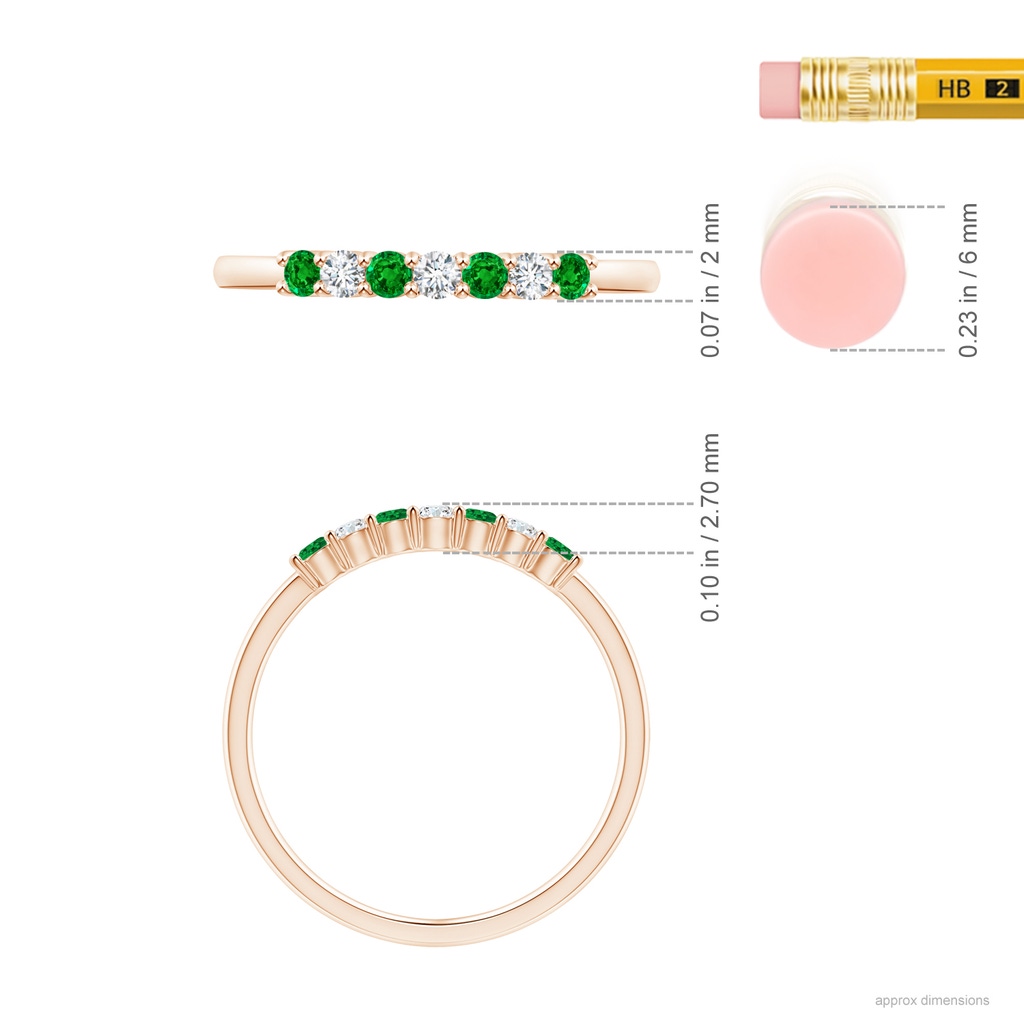 2mm AAAA Half Eternity Seven Stone Emerald and Diamond Wedding Ring in Rose Gold ruler