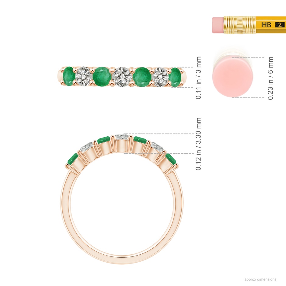 3mm A Half Eternity Seven Stone Emerald and Diamond Wedding Ring in Rose Gold ruler