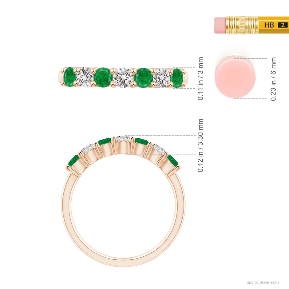 3mm AA Half Eternity Seven Stone Emerald and Diamond Wedding Ring in Rose Gold ruler