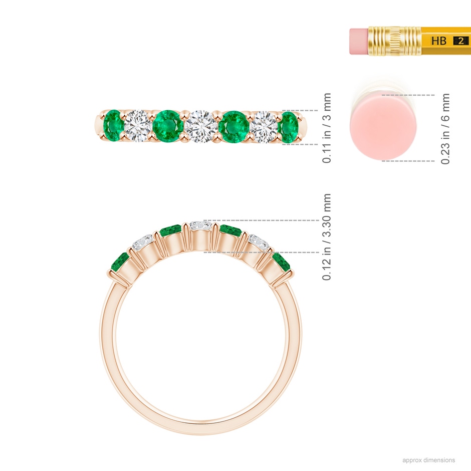 3mm AAA Half Eternity Seven Stone Emerald and Diamond Wedding Ring in Rose Gold ruler