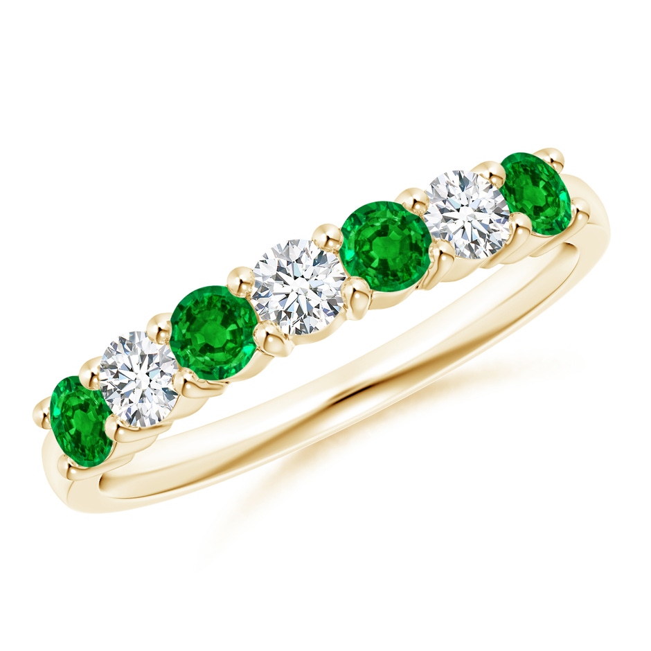 3mm AAAA Half Eternity Seven Stone Emerald and Diamond Wedding Ring in Yellow Gold 