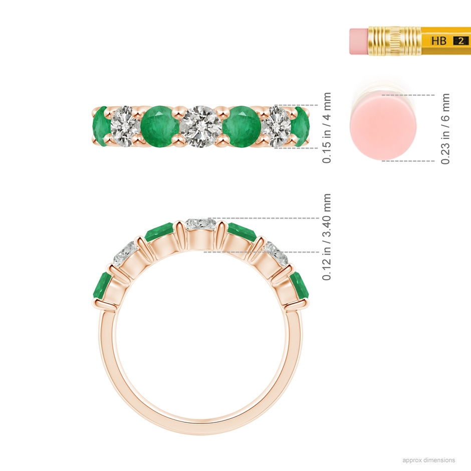 4mm A Half Eternity Seven Stone Emerald and Diamond Wedding Ring in Rose Gold ruler