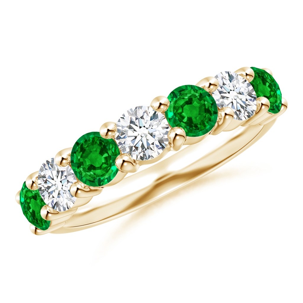 4mm AAAA Half Eternity Seven Stone Emerald and Diamond Wedding Ring in 9K Yellow Gold