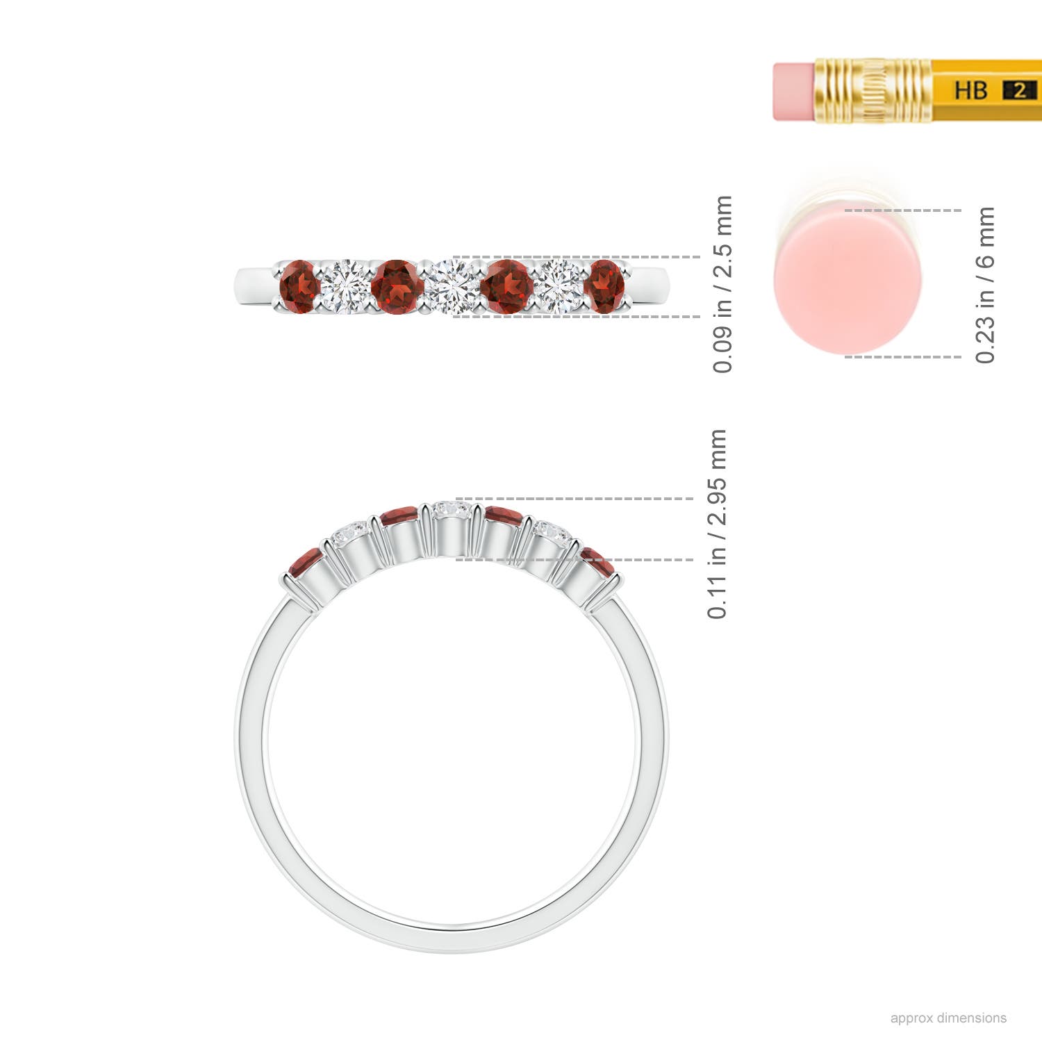 2.5mm AAA Half Eternity Seven Stone Garnet and Diamond Wedding Ring in White Gold - ruler