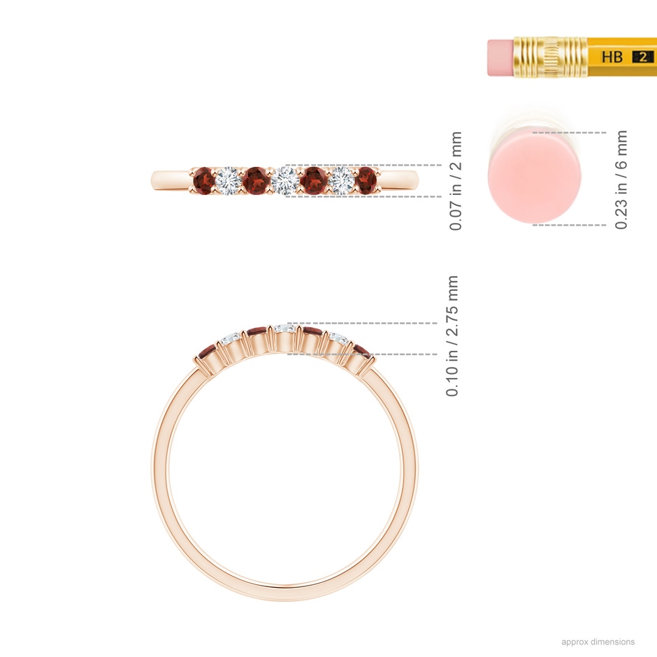 2mm AAAA Half Eternity Seven Stone Garnet and Diamond Wedding Ring in Rose Gold ruler