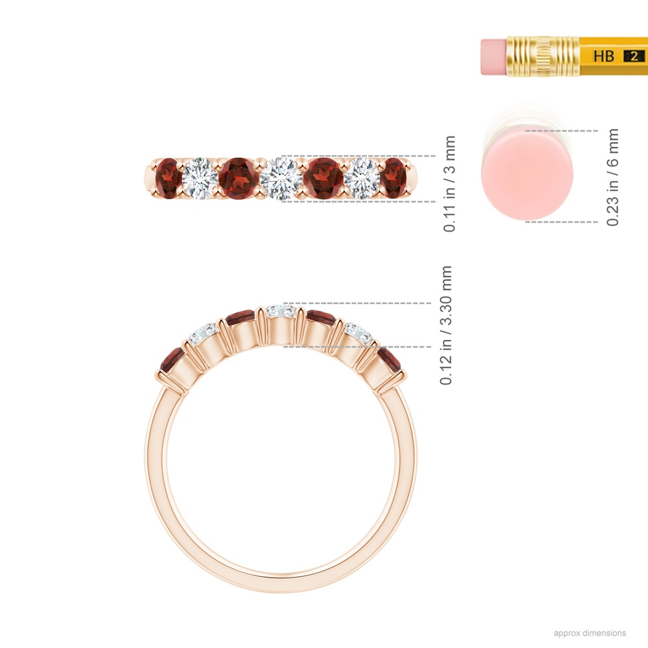 3mm AAAA Half Eternity Seven Stone Garnet and Diamond Wedding Ring in 18K Rose Gold ruler