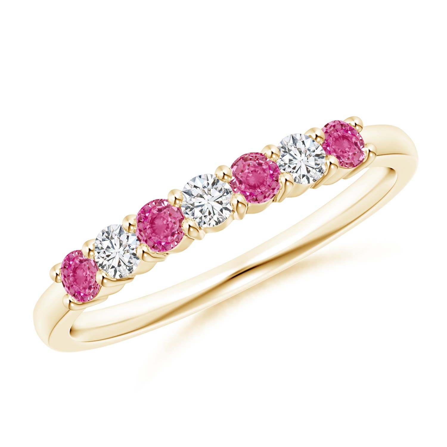 2.5mm AAA Half Eternity 7 Stone Pink Sapphire & Diamond Wedding Ring in Yellow Gold
