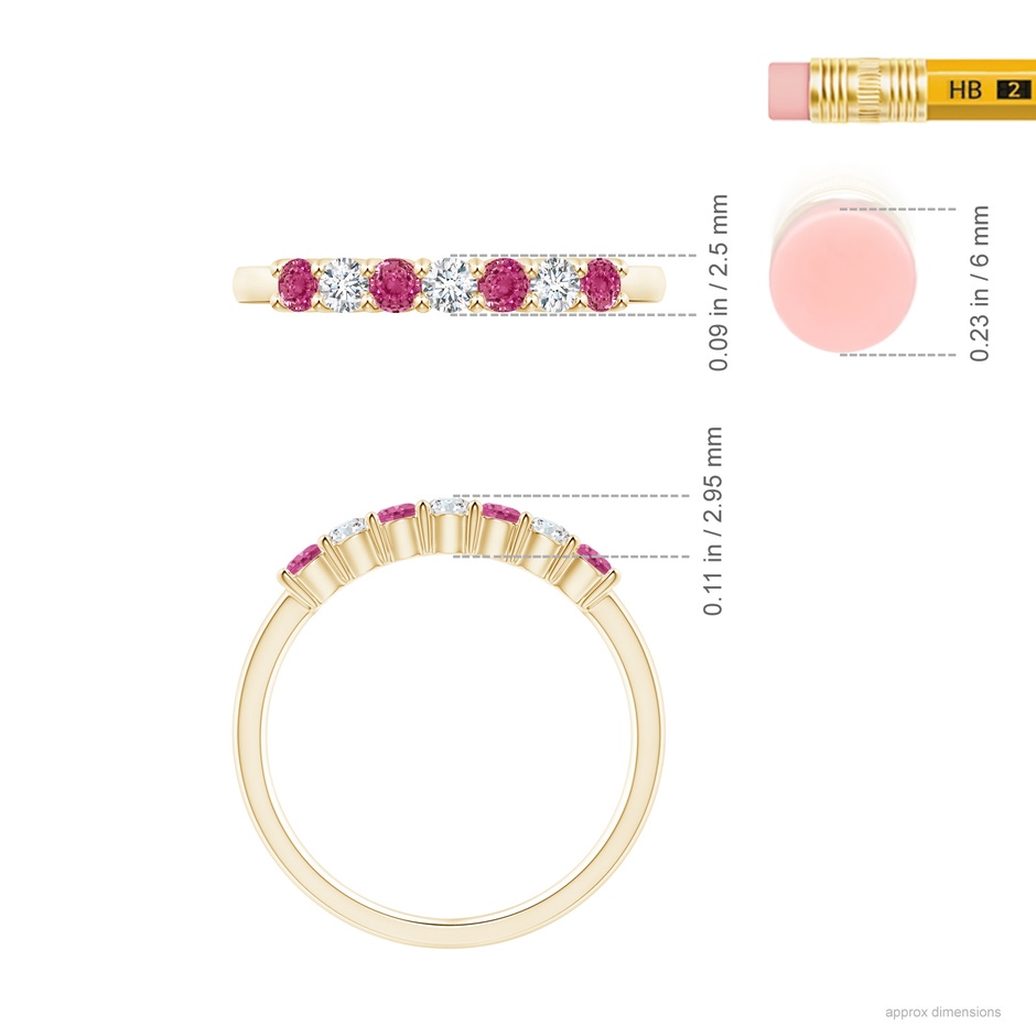 2.5mm AAAA Half Eternity 7 Stone Pink Sapphire & Diamond Wedding Ring in Yellow Gold ruler
