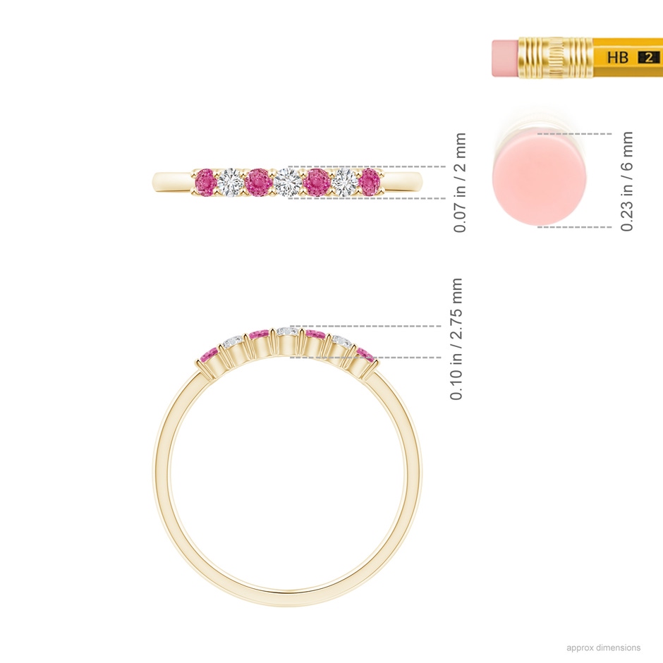2mm AAA Half Eternity 7 Stone Pink Sapphire & Diamond Wedding Ring in Yellow Gold ruler