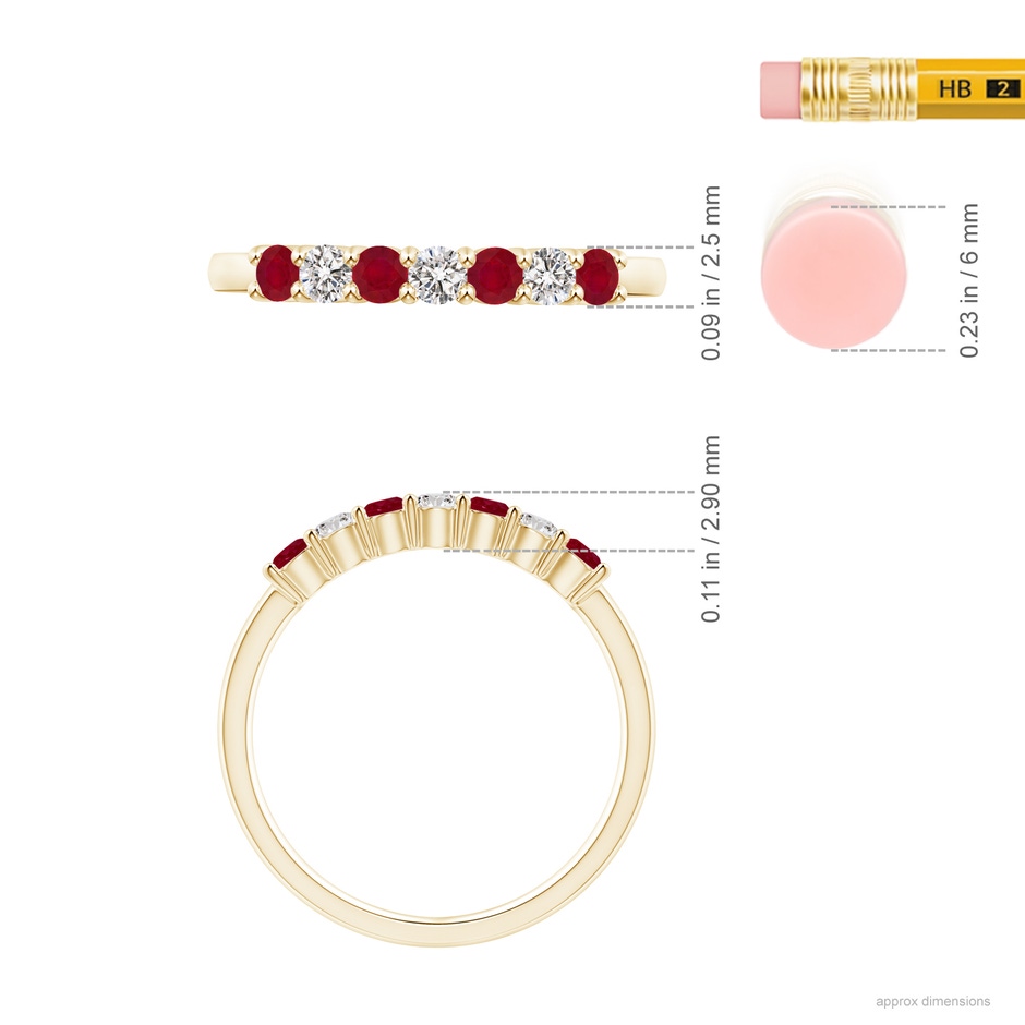 2.5mm AA Half Eternity Seven Stone Ruby and Diamond Wedding Ring in Yellow Gold ruler