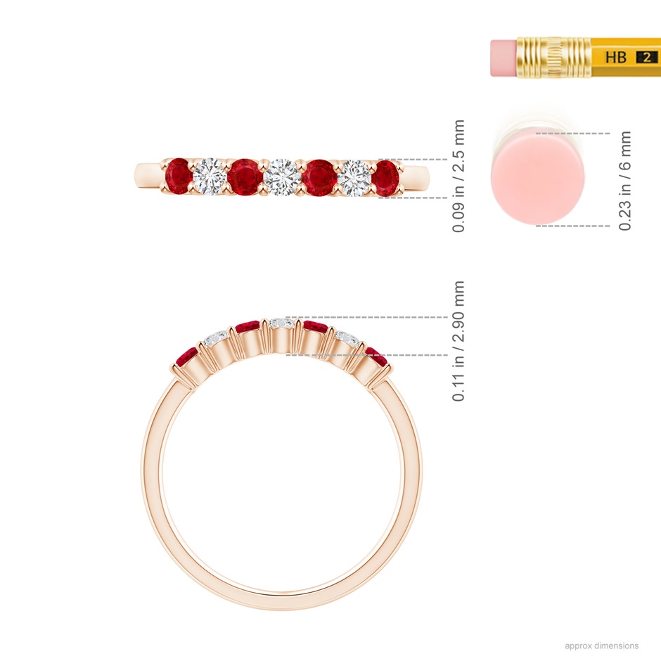 2.5mm AAA Half Eternity Seven Stone Ruby and Diamond Wedding Ring in Rose Gold ruler