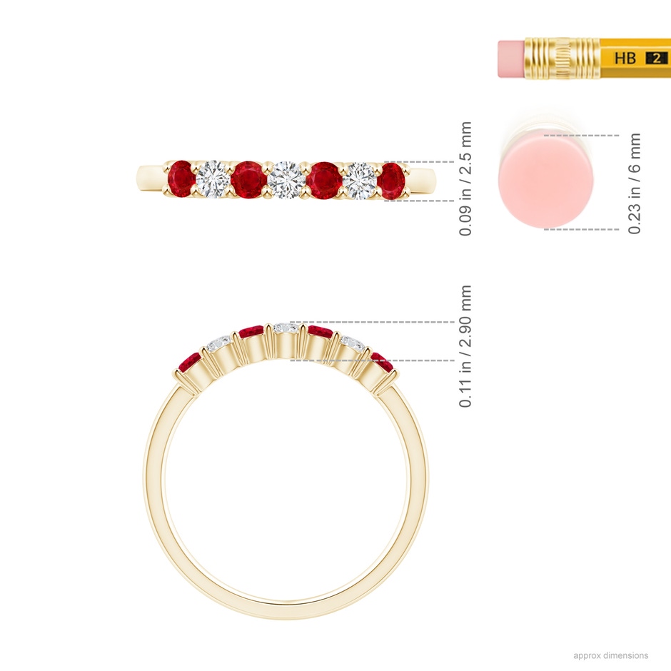 2.5mm AAA Half Eternity Seven Stone Ruby and Diamond Wedding Ring in Yellow Gold ruler