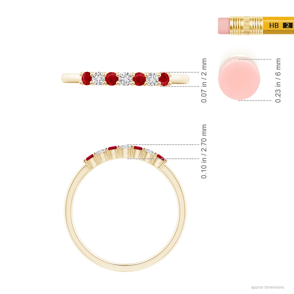 2mm AAA Half Eternity Seven Stone Ruby and Diamond Wedding Ring in Yellow Gold ruler