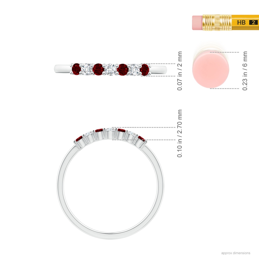 2mm AAAA Half Eternity Seven Stone Ruby and Diamond Wedding Ring in P950 Platinum ruler
