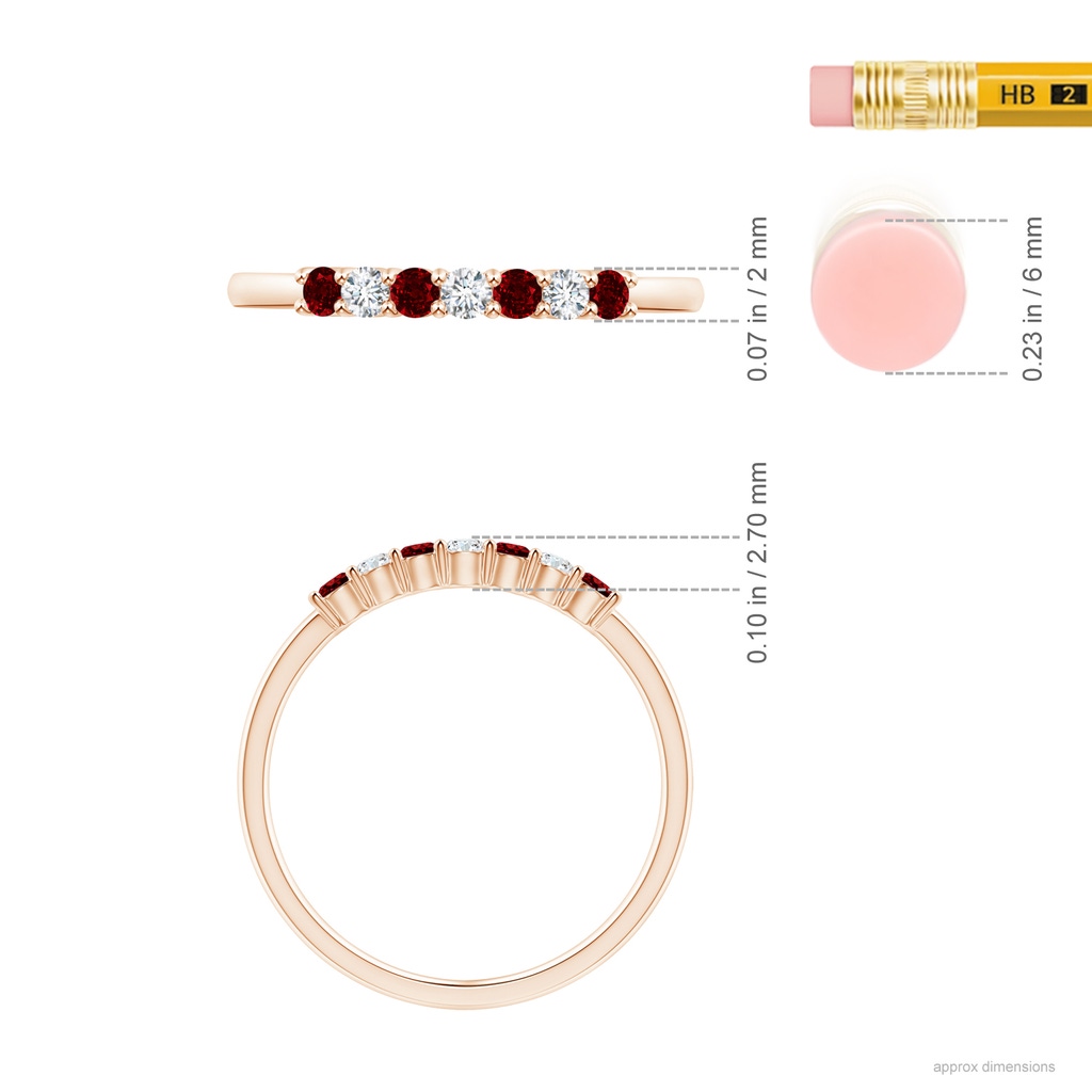 2mm AAAA Half Eternity Seven Stone Ruby and Diamond Wedding Ring in Rose Gold ruler