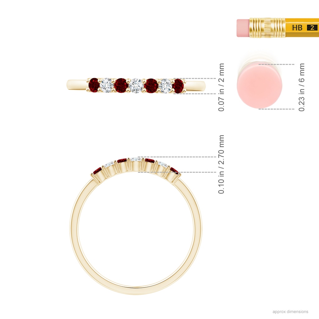 2mm AAAA Half Eternity Seven Stone Ruby and Diamond Wedding Ring in Yellow Gold ruler