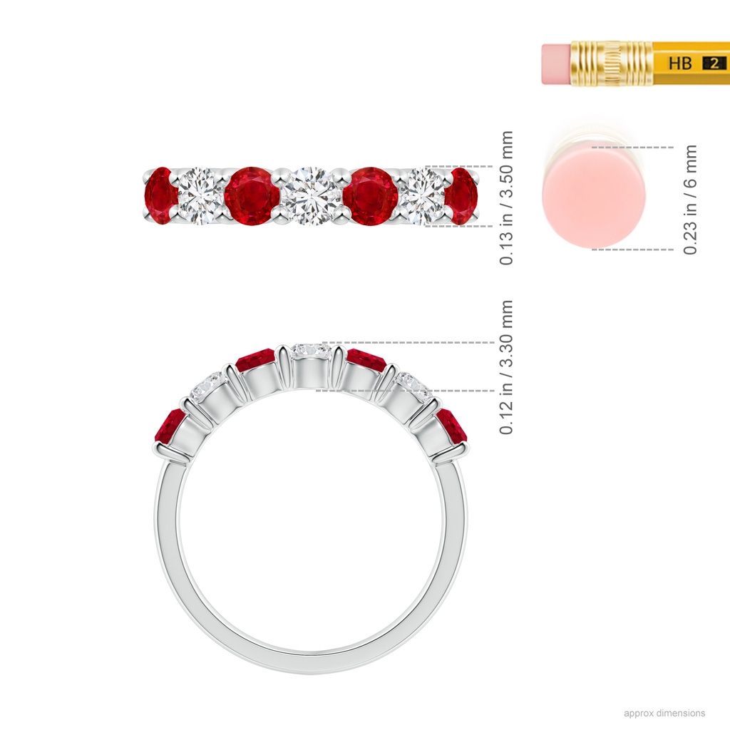 3.5mm AAA Half Eternity Seven Stone Ruby and Diamond Wedding Ring in White Gold ruler