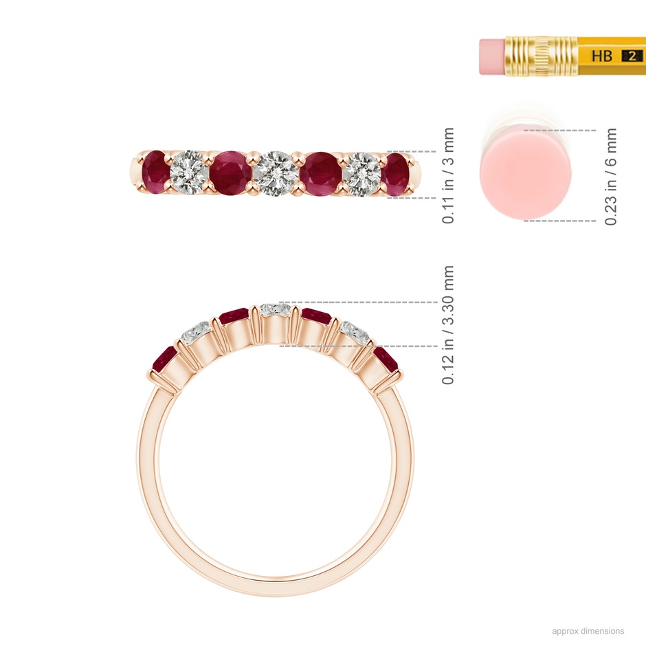 3mm A Half Eternity Seven Stone Ruby and Diamond Wedding Ring in Rose Gold ruler
