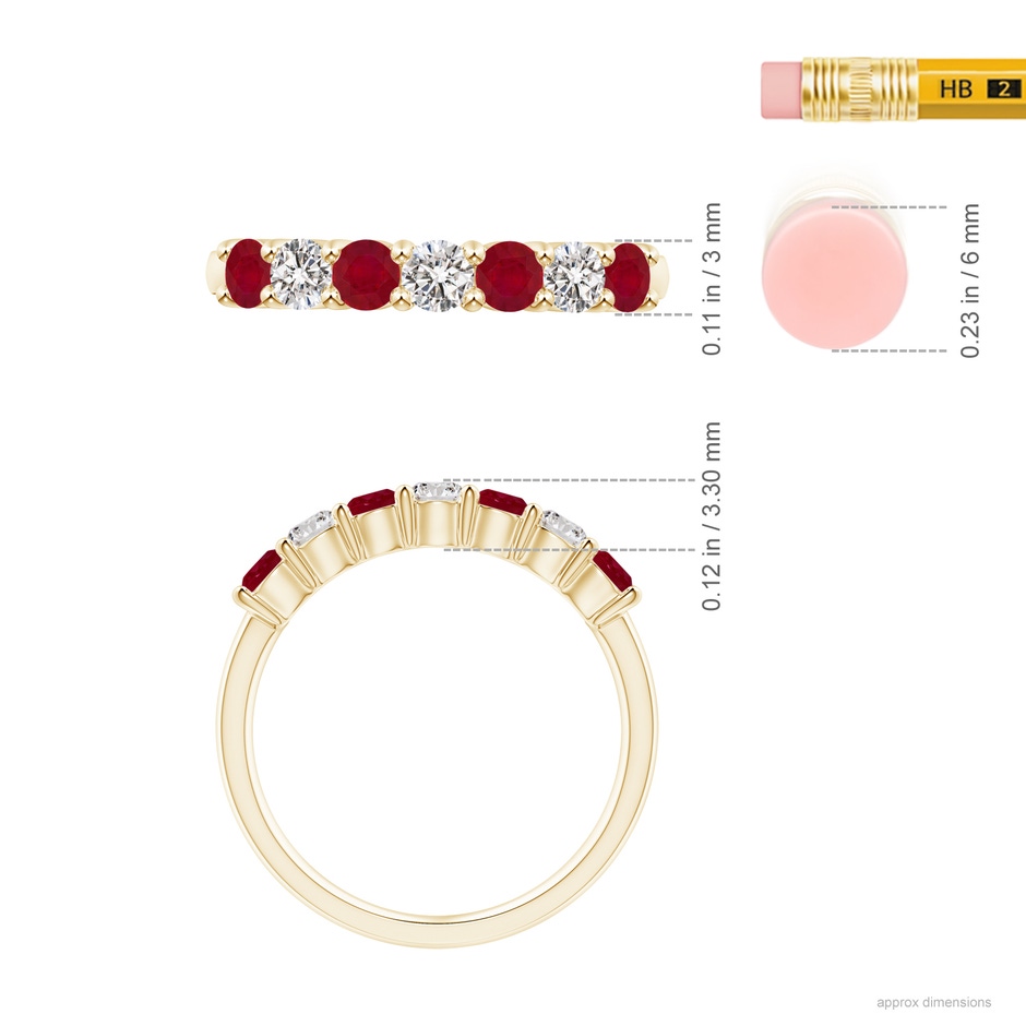 3mm AA Half Eternity Seven Stone Ruby and Diamond Wedding Ring in Yellow Gold ruler